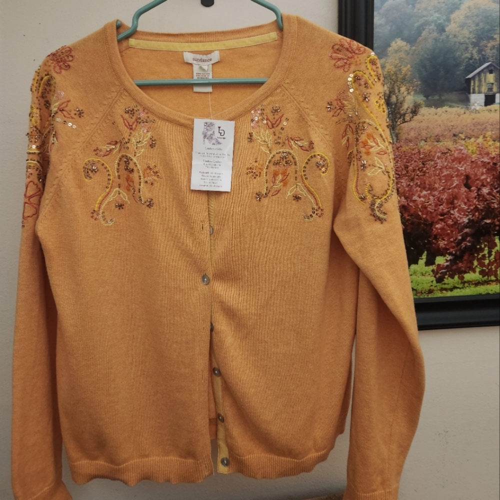 Sundance Womens Sweater Vintage Beauty Cardigan Orange Beaded Knit Button Top M